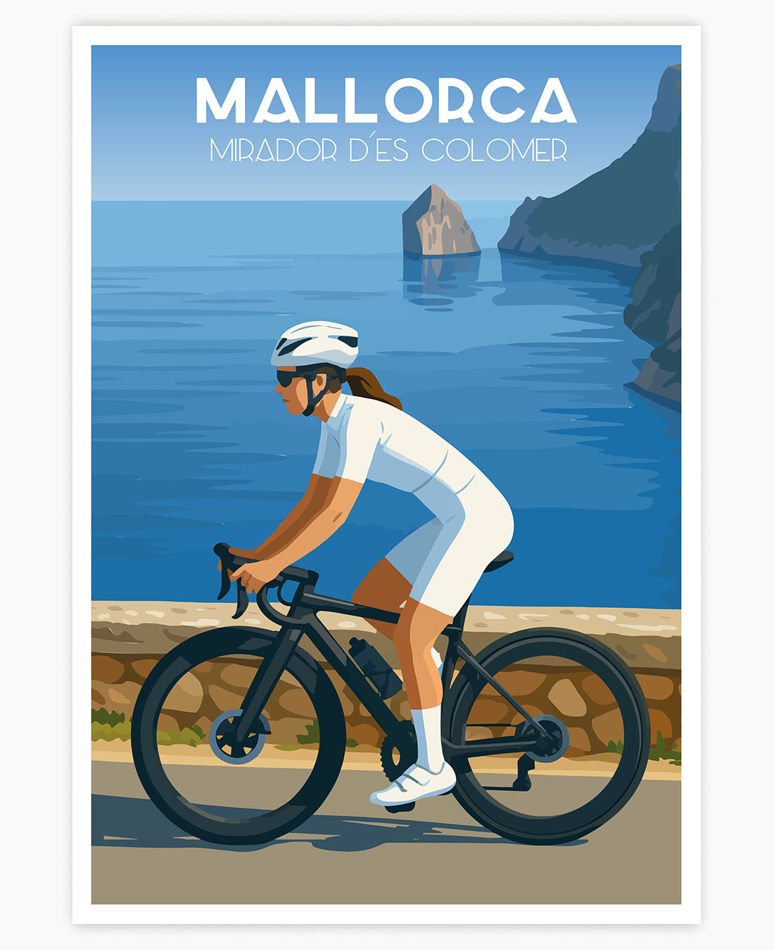 Póster y láminas de ciclista en el Mirador de Es Colomer, Mallorca